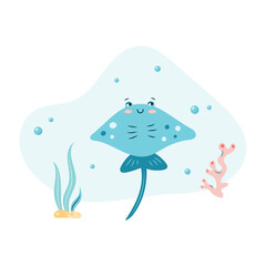 Cute stingray fish swims in the sea underwater. Poster with stingray fish on white background. Character in children's style. Vector illustration.