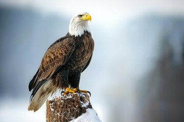 A majestic bald eagle perched on a snowy stump, exuding strength and grace in a serene wilderness setting.