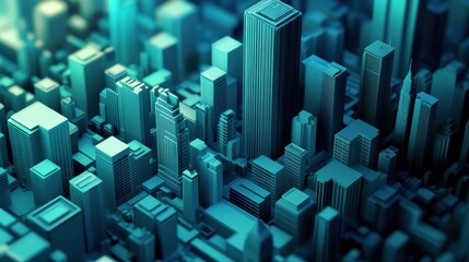 Obraz premium Futuristic cityscape with teal skyscrapers under a soft, ambient light, AI