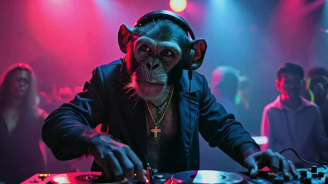 Funny Fancy Chimp in the Night Club is Dancing on Stage, DJ set