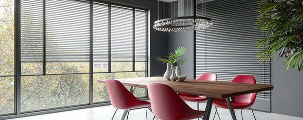 Dining room with cherry red chairs, acacia table, minimalist design.