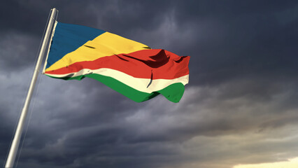 beautiful Seychelles flag on heavy dark clouds bg - abstract 3D rendering