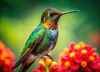 Naklejka premium Majestic Sword Beak Hummingbird on Vibrant Flower in Lush Greenery - Stunning Drone Photography of Nature's Beauty