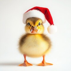 Adorable duckling in santa hat with yellow fuzzy feathers and webbed feet for holiday cheer