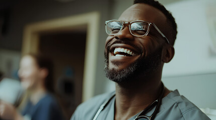 A doctor smiling joyfully while receiving positive news about a patient's recovery