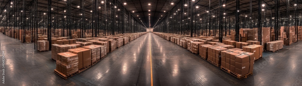Poster warehouse operations in full swing, highstacked pallets and boxes showcase efficient logistics distr