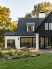 Fototapeta premium A modern farmhouse with a black and white exterior, large barn doors, and a spacious front yard with a vegetable garden and seating area.