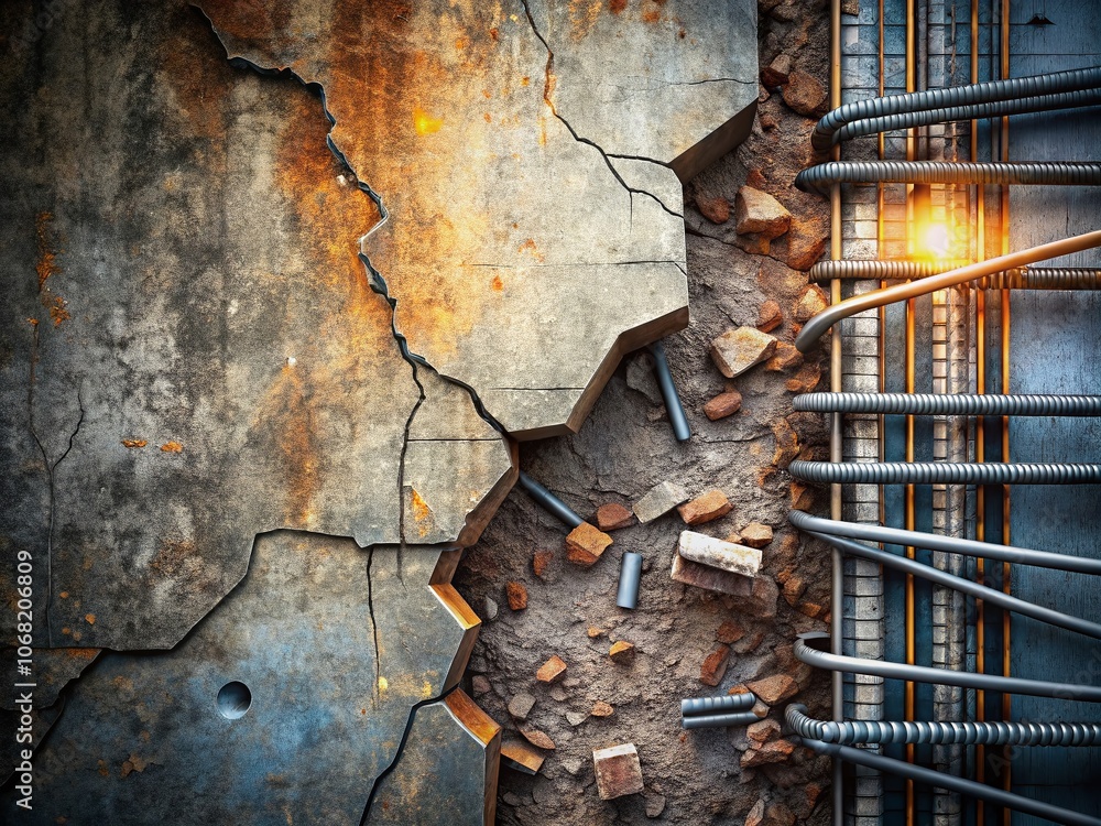 Poster 3d illustration of broken concrete with steel rebar exposing inner structure, perfect for constructi