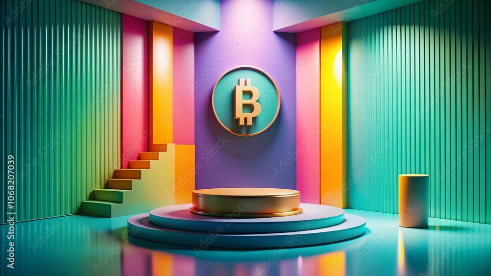 Poster 3d rendering of minimalistic podium for cryptocurrency product presentation featuring bitcoin colors