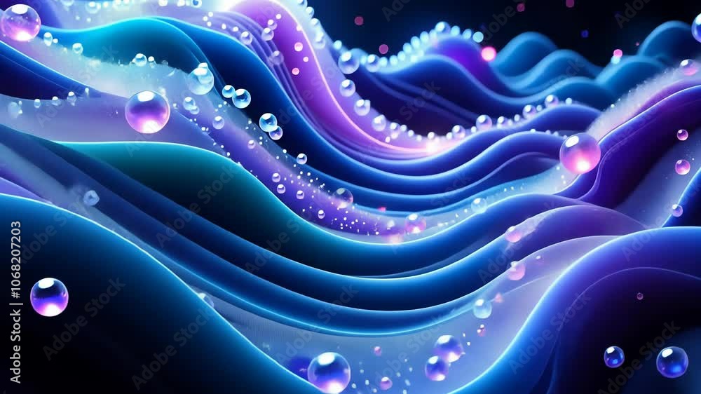 Poster Colorful fluid dynamics with neon waves and floating spheres in a futuristic abstract design