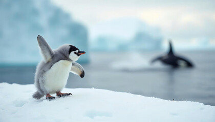 Emperor penguin chick with fluffy white and gray plumage flapping its tiny wings playful with A breaching endangered orca