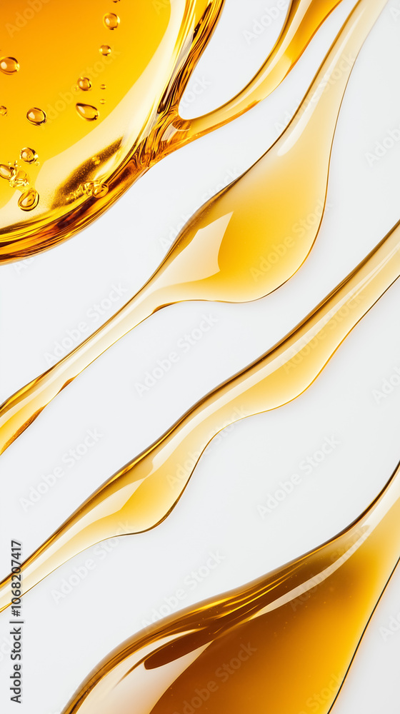 Poster liquid honey flows in intricate patterns, highlighting its rich color and smooth texture on a clean 