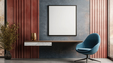 Red walls and gray sofas, blank mirror frames