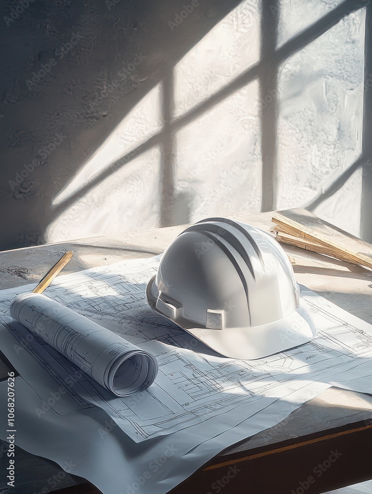 Poster a white hard hat and blueprints lie on a construction site table, symbolizing planning and engineeri