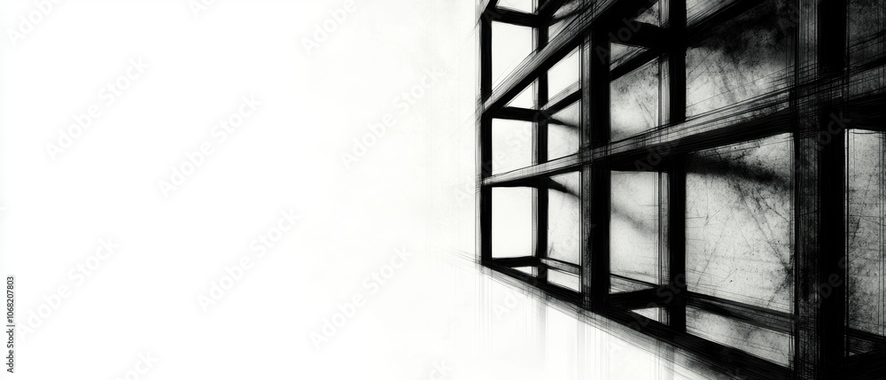 Poster a minimalist black and white image featuring a geometric shelf structure against a blank background,