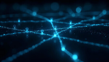 A striking 3D complex network of intersecting electric blue lines on a dark background symbolizing a digital data connection or network architecture