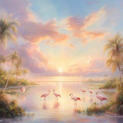 A picturesque scene of a large flock of flamingos gracefully standing and wading in a calm, shallow lagoon during sunrise. The sky is painted with vibrant hues of orange, pink, and purple, reflecting 