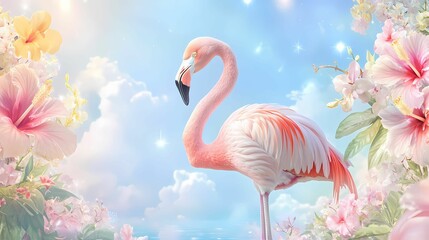 A stunning composition featuring a single flamingo striking an elegant pose amidst vibrant tropical flowers and under a clear blue sky. The flamingo stands gracefully on one leg, with its long neck cu