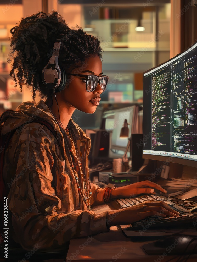 Poster an african american woman programmer coding on a computer in her office.