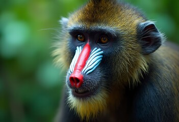 A close-up portrait of a male mandrill monkey with a colorful face