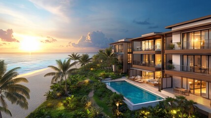 Modern beachfront luxury resort with a swimming pool and palm trees at sunset.