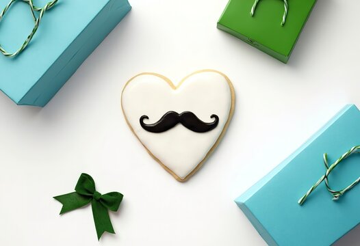 A white heart-shaped cookie with a mustache design, a green gift bag, a blue gift bag, and a green bow on a white background