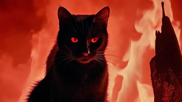 A black cat stares intently at the camera against a backdrop of fiery orange flames