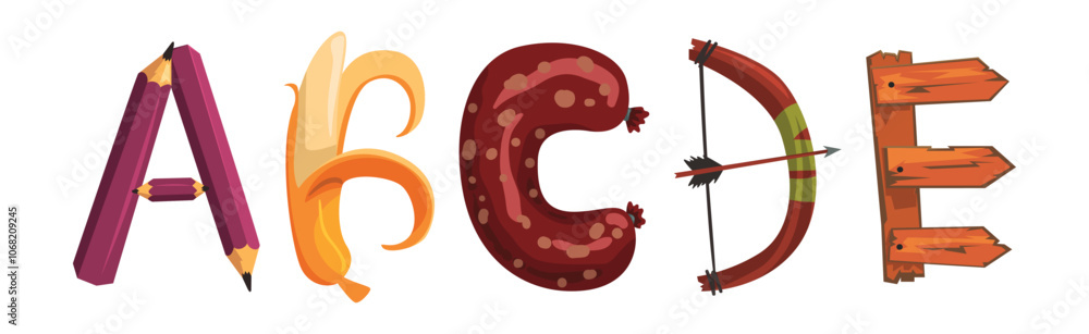 Aufkleber alphabet letter arranged of different object vector set
