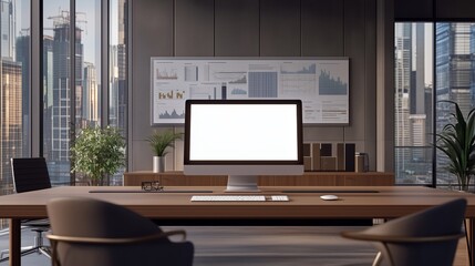 Obraz premium Modern office workspace overlooking a city skyline with large computer and charts on the wall during daylight hours