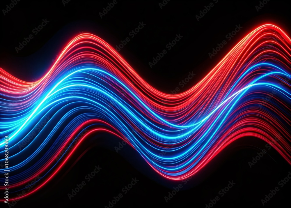 Poster abstract illustration of wavy neon lines in red and blue on a deep black background – captivating ma