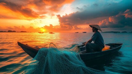 Fisherman repairs fishing nets on his boat at sea, ready for a new day of work ahead