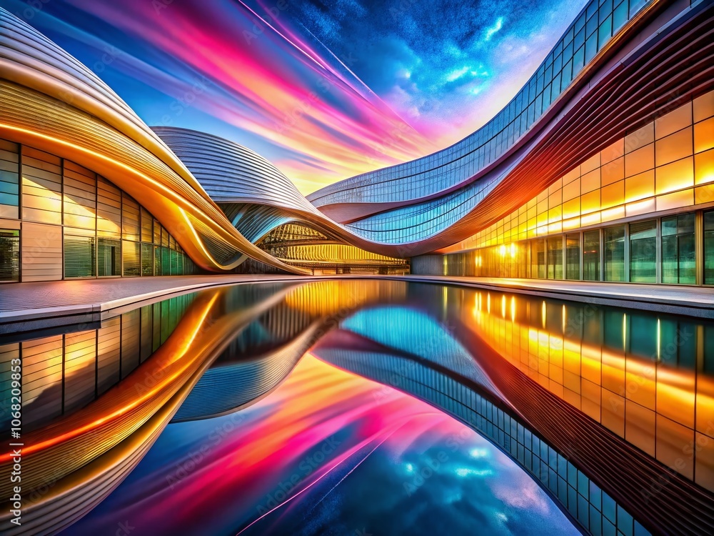 Poster abstract particle waves background in architectural photography showcasing fluid dynamics and modern