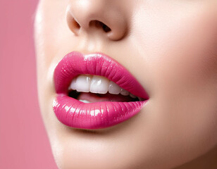 Fototapeta premium the portrait of focus on pink lip, beautiful woman and her pink lip, powerful cosmetics industry.
