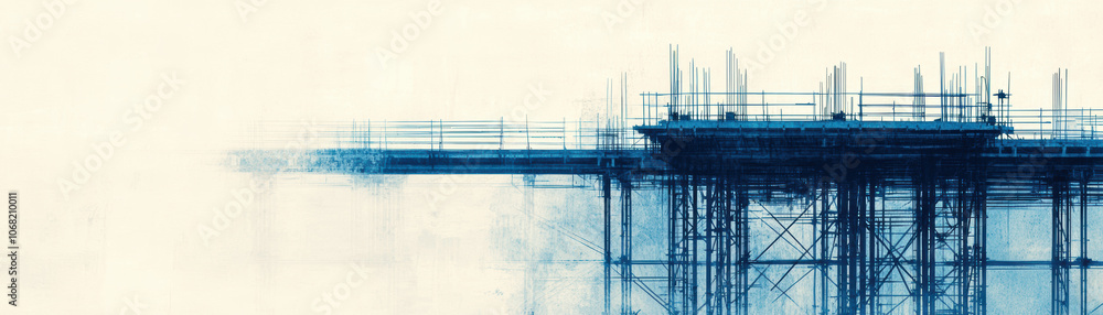Poster abstract blue and white structures create a modern, industrial aesthetic, emphasizing form and geome