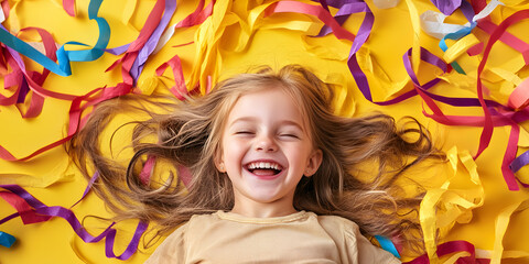 Happy girl is smiling at the camera with joyful festive mood, child, girl, christmas, holiday, vacation, education, poster, commercial, background, wallpaper