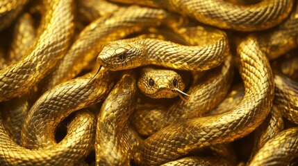 Fototapeta premium Abstract background with tangled golden snakes, shiny metallic scales texture, unique background for new 2025 year