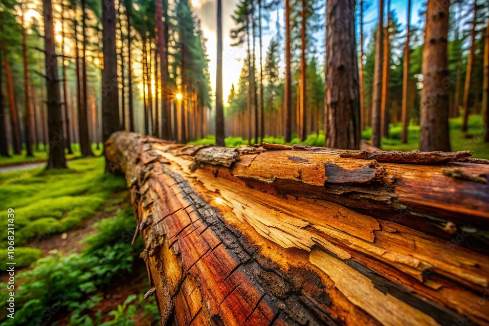 Poster a close-up view of a broken tree trunk with intricate wood patterns created by bark beetle damage in