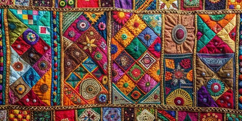 A Close-Up Look at a Colorful Patchwork Quilt Showcasing Diverse Garments with Visible Sewing Threads, Celebrating Craftsmanship and Textile Artistry in Documentary Photography