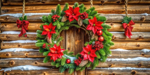 Fototapeta premium Rustic Wooden Christmas Wreath with Red Poinsettias at Cozy Log Cabin Entrance in Winter