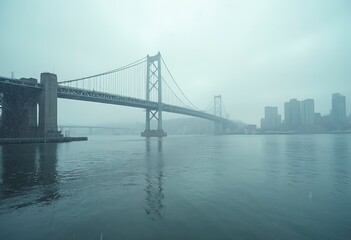 Fototapeta premium A large suspension bridge spanning across a body of water with buildings and skyscrapers