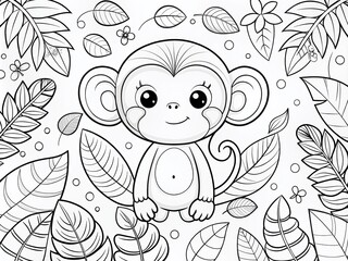 Fototapeta premium Adorable Cartoon Monkey Outline Illustration Perfect for Coloring Books, Featuring Playful Expressions and Fun Details for Kids and Adults Alike, Ideal for Creative Relaxation Activities