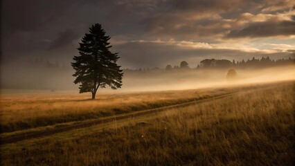 Fototapeta premium Beautiful landscape with tree dramatic sky fog and beautiful morning