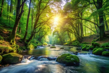 Serene Flowing River in Lush Green Forest Nature's Tranquility, Scenic Riverbank, Vibrant Wilderness, Peaceful Landscape, Majestic Trees, Natural Beauty