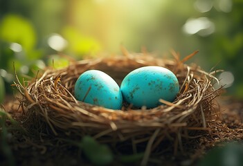 Obraz premium Two turquoise blue eggs in a nest made of twigs and straw