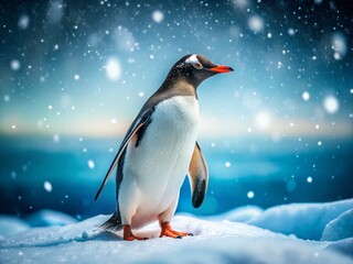 Fototapeta premium Adorable Gentoo Penguin Walking Through a Snowy Antarctic Landscape with Graceful Falling Snowflakes Creating a Magical Winter Scene for Nature and Wildlife Photography Enthusiasts