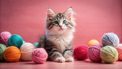Adorable Fluffy Kitten Playfully Engaged with Colorful Yarn on a Soft Pink Background Perfect for Pet Lovers and Cat Enthusiasts