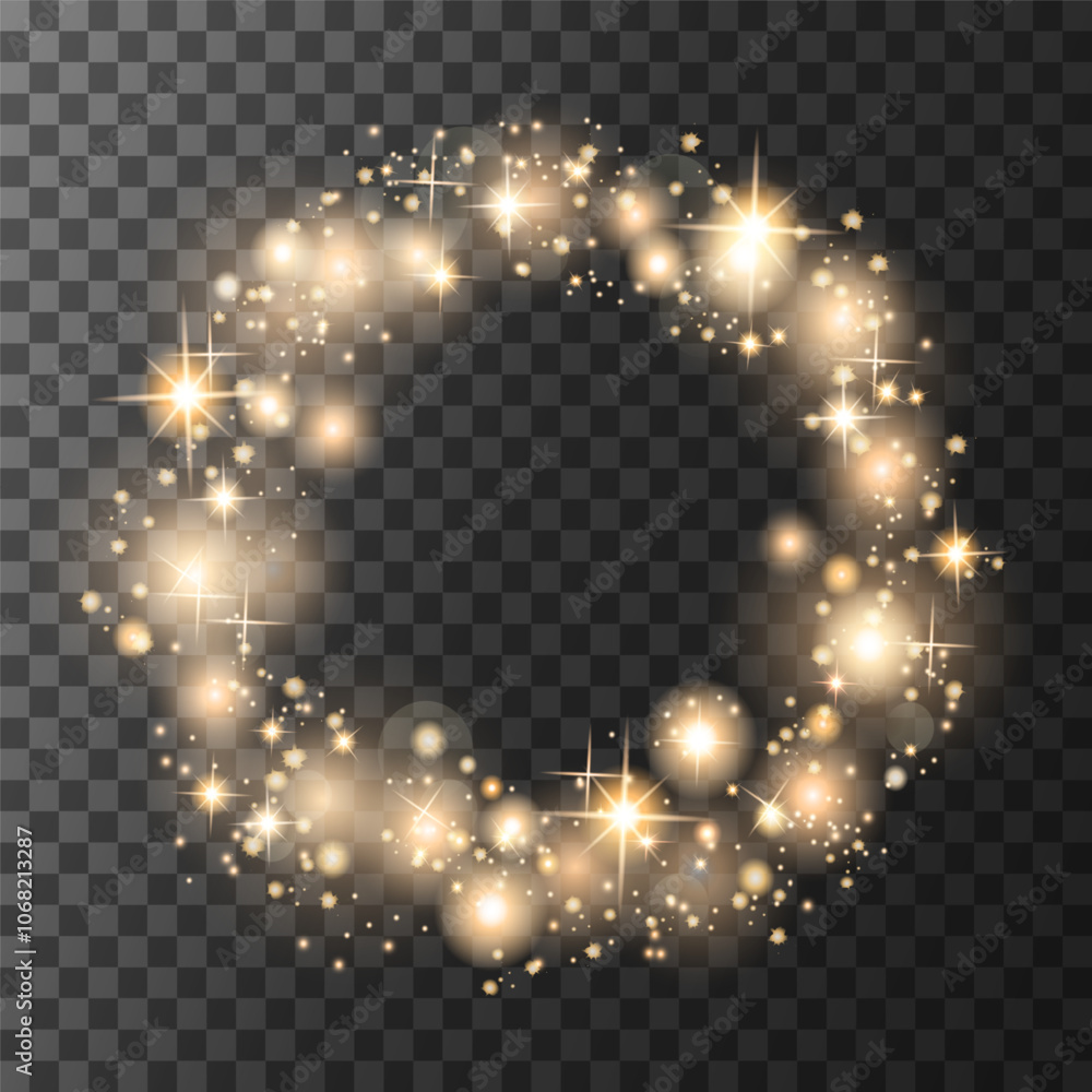 Poster glowing light circle with light particles and stars round frame. a golden bokeh and flashes in a lum