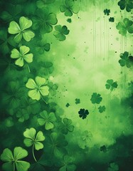 Abstract Grunge Floral Background with Green Clover and Shamrocks for St. Patrick's Day Celebration
