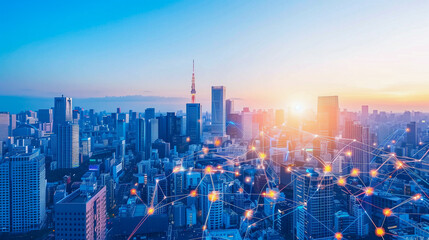 Fototapeta premium Network smart modern city, wireless connection to communication in world, social media technology.