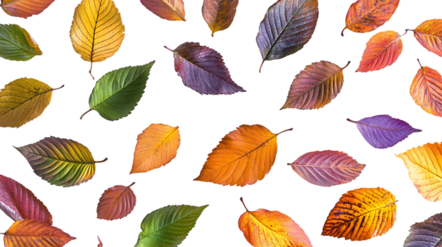 Falling fall leaves in vibrant colors on white, isolated in mid-air, clear details on each leaf’s texture and shape
